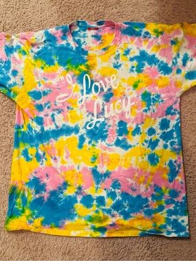 “I Love Lucy” Tie-Dye Tee in Pink, Blue & Yellow